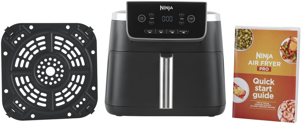 Friggitrice ad aria, vassoio e guida rapida Ninja Air Fryer Pro.