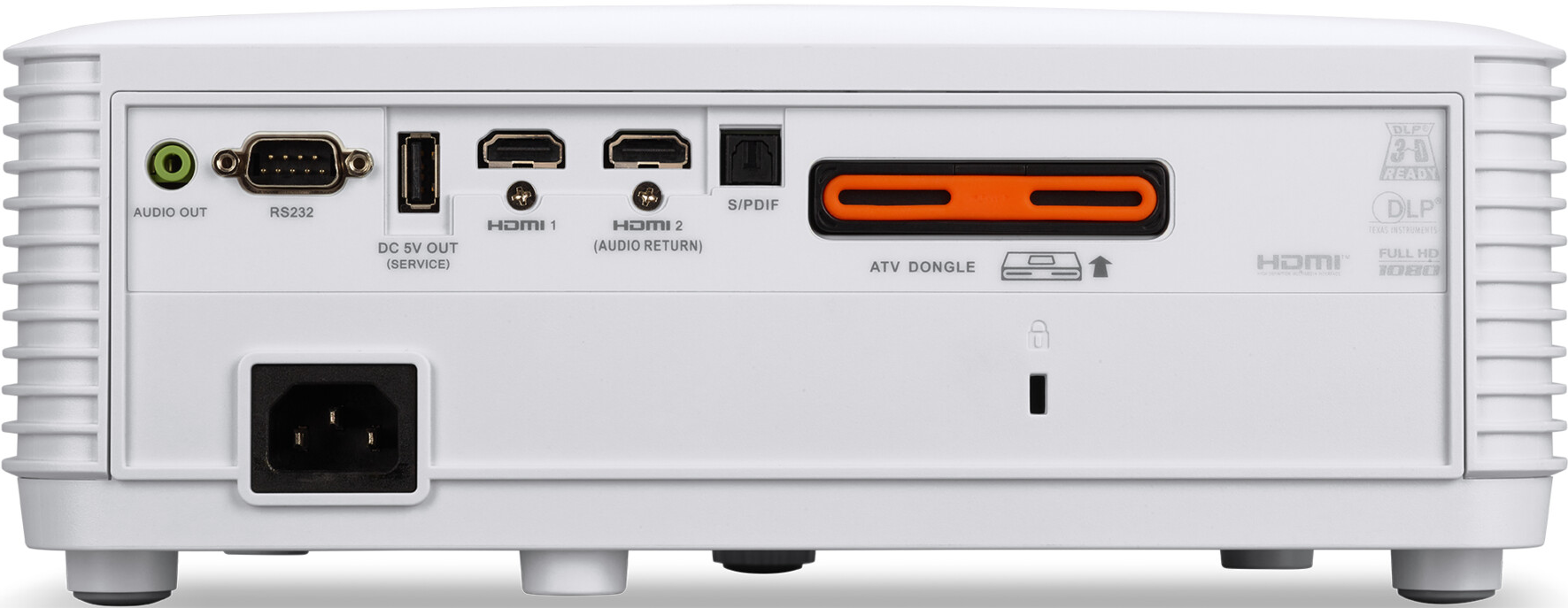 Vue arrière d'un projecteur blanc avec plusieurs ports et connexions.
