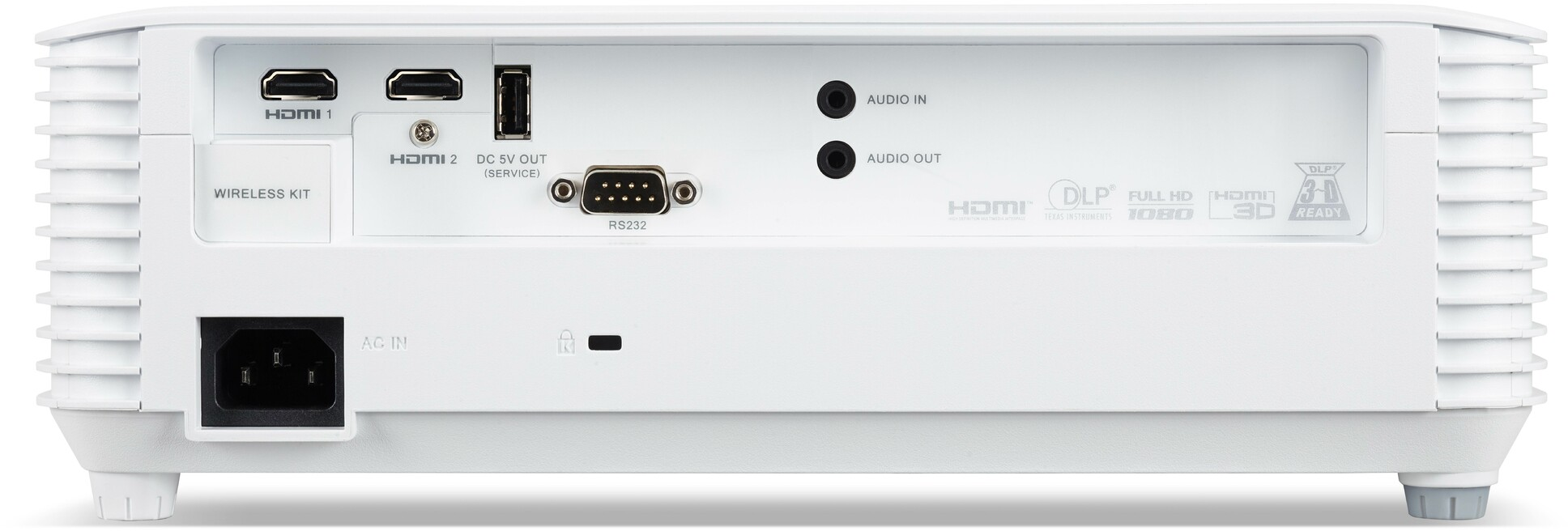 Dos de projecteur blanc avec ports, dont HDMI et entrées et sorties audio.