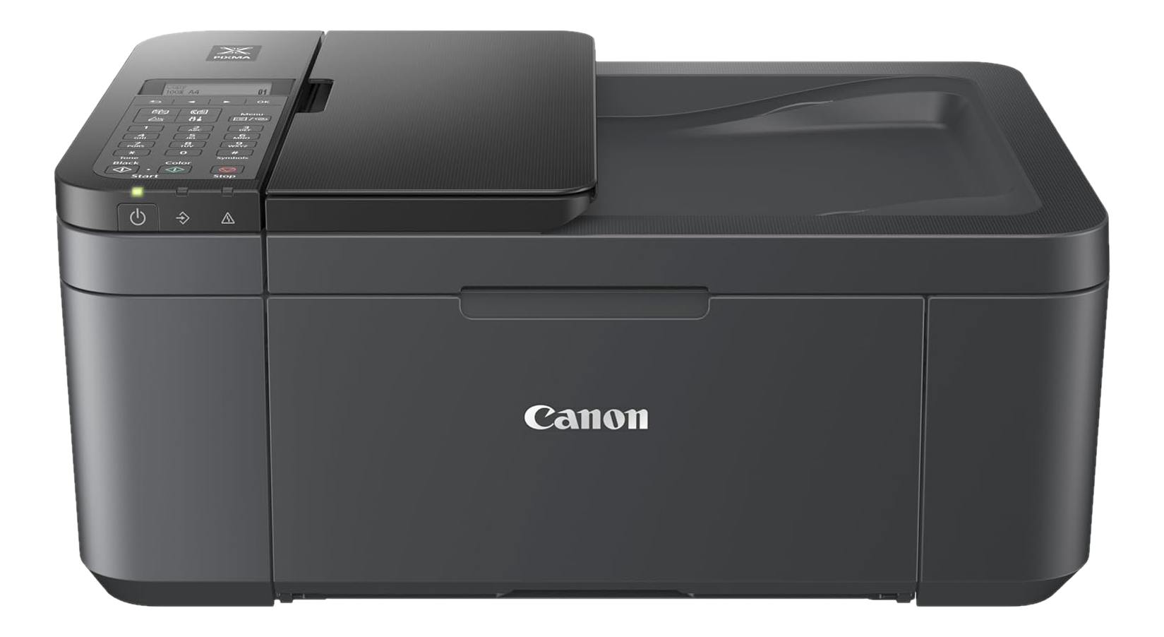 Schwarzer Canon-Drucker auf dunklem Hintergrund. Zeigt Scanner, Knöpfe und das Canon-Logo.