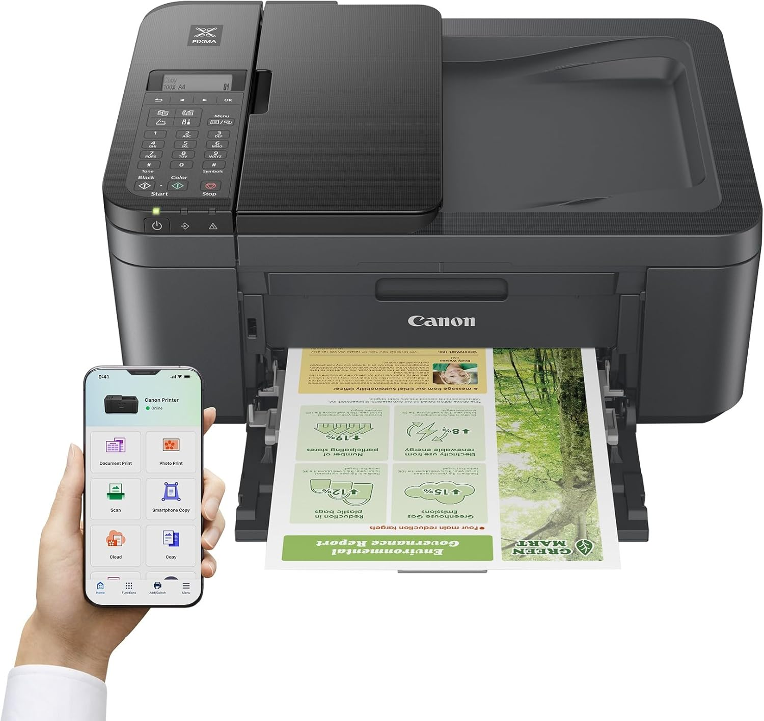 Ein Canon-Drucker, der ein Dokument druckt, eine Hand, die ein Telefon mit App-Symbolen hält.