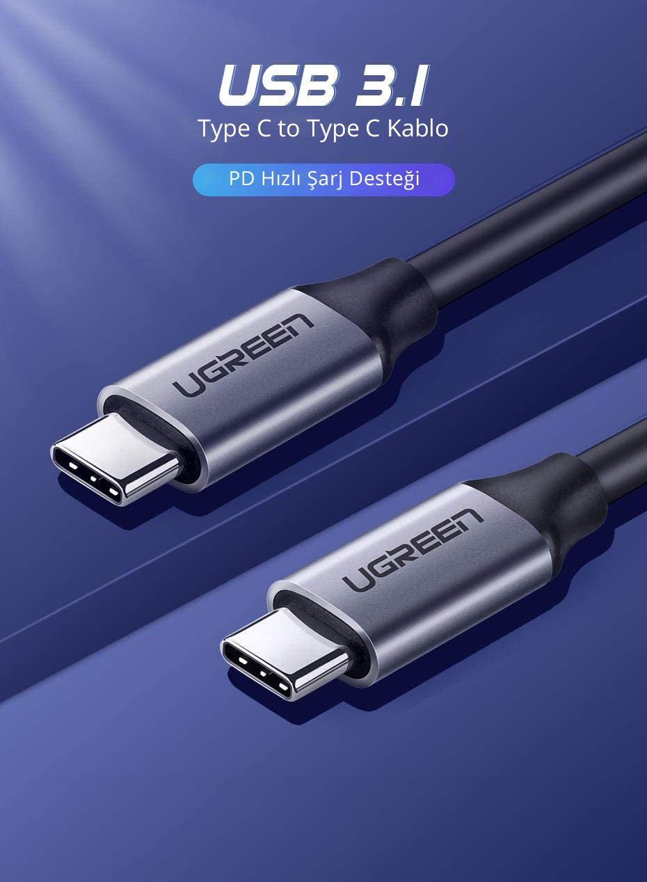 İki USB-C kablosu, siyah ve gümüş, UGREEN logosu ile, mavi gradyan arka plan üzerinde.
