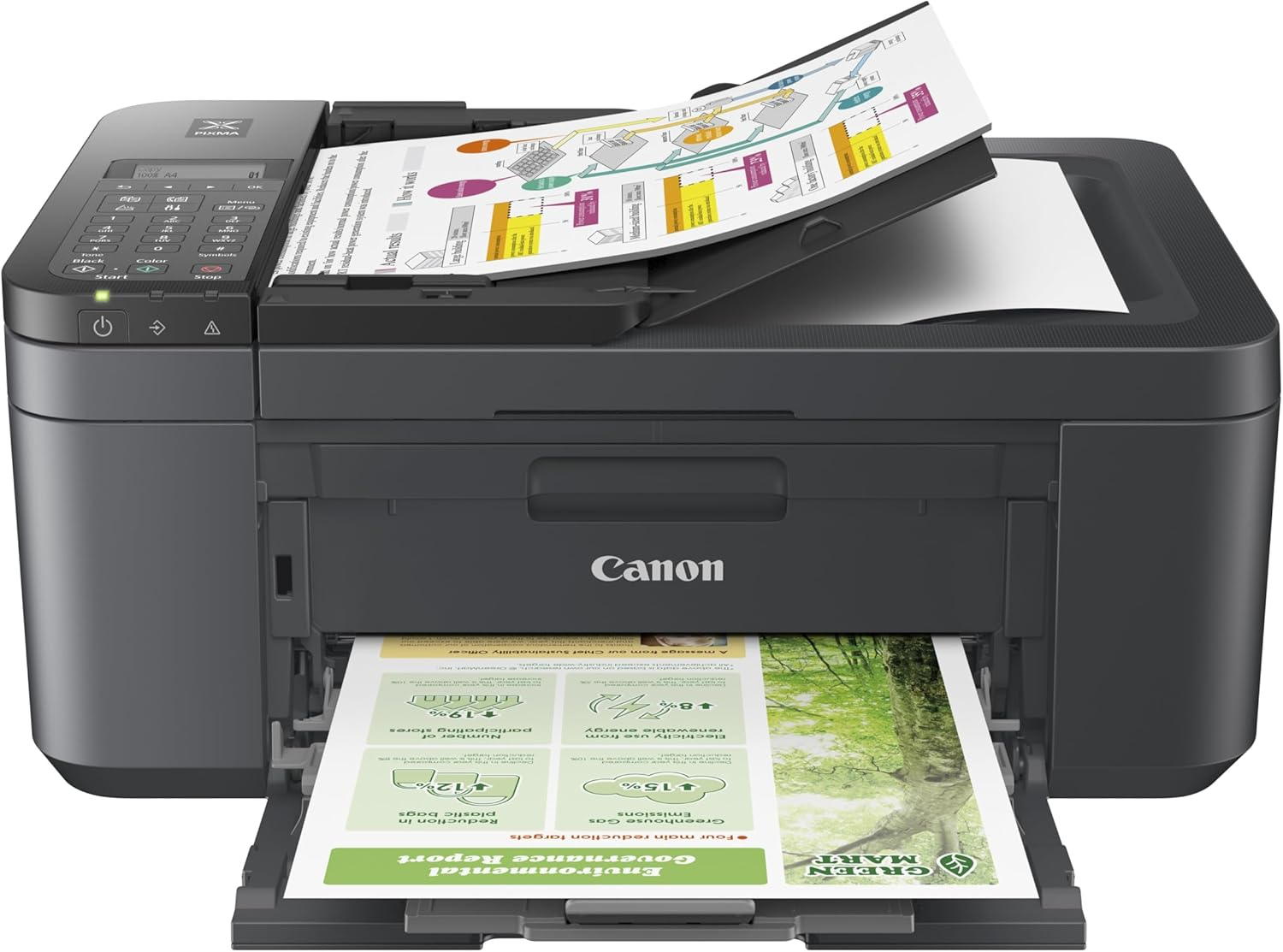 Ein Canon-Drucker druckt Dokumente mit mehreren Seiten im Ausgabefach.