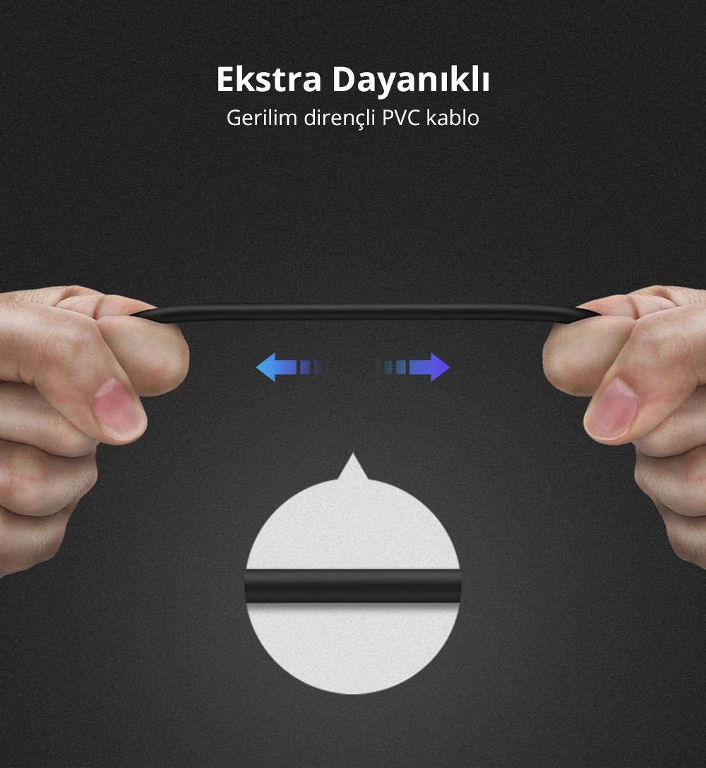 Eller bir kablo tutuyor, hareket yönünü gösteren oklarla. Metin: Ekstra Dayanıklı PVC kablo.
