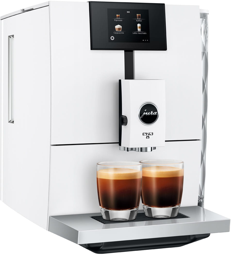 Macchina da caffè Jura bianca con due bicchieri di caffè sul vassoio inferiore.