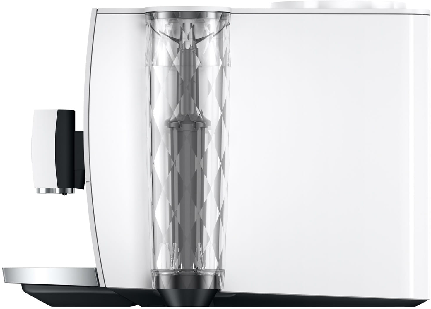 Macchina da caffè bianca con serbatoio dell'acqua trasparente laterale.