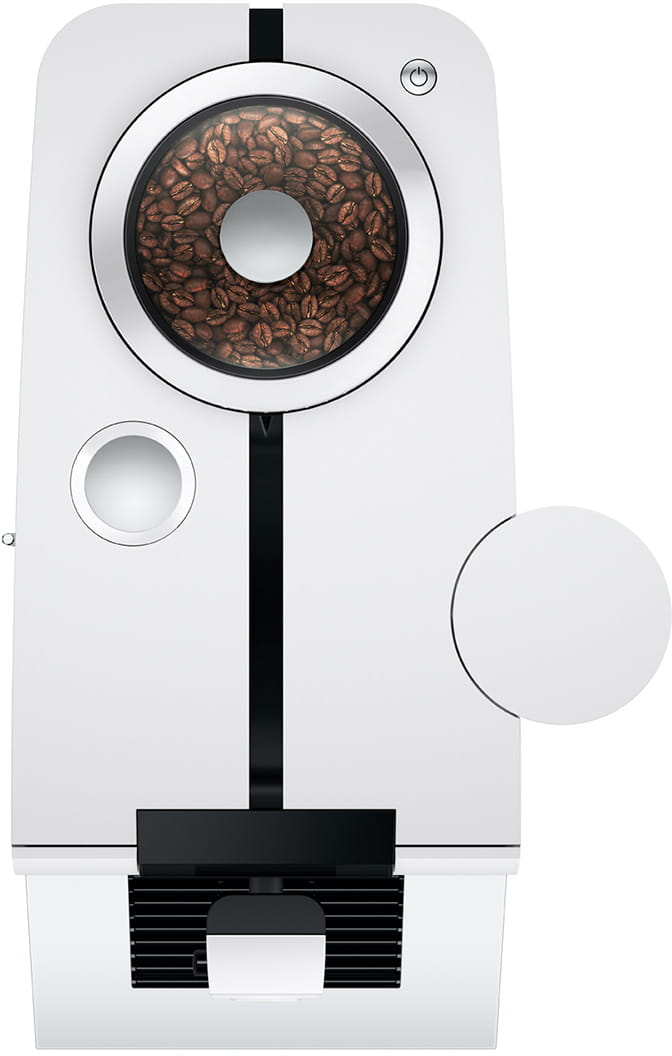 Macchina da caffè bianca con contenitore per chicchi, piattaforma per tazze e design circolare.