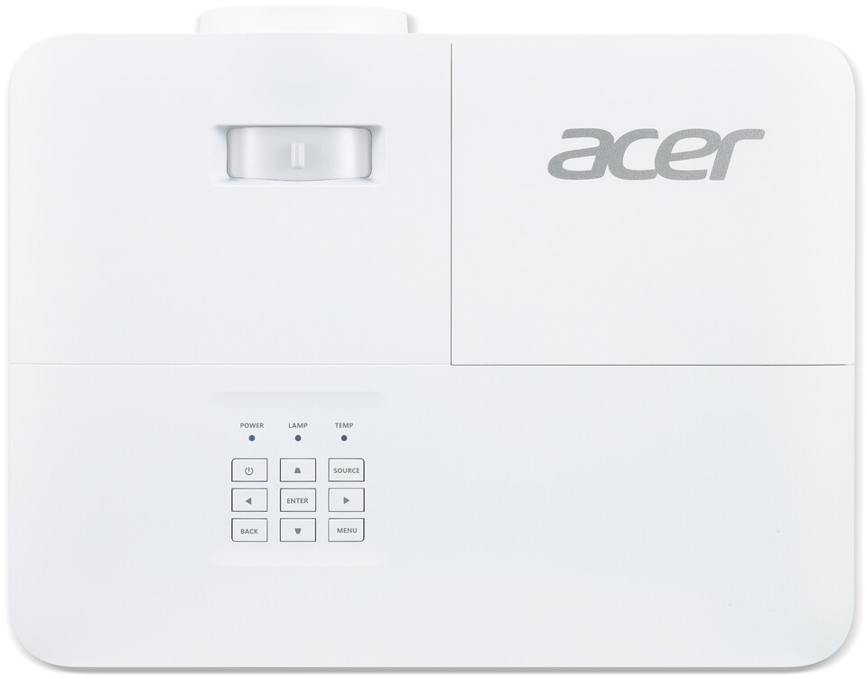 Un projecteur Acer blanc, montrant le dessus avec les commandes et la marque.