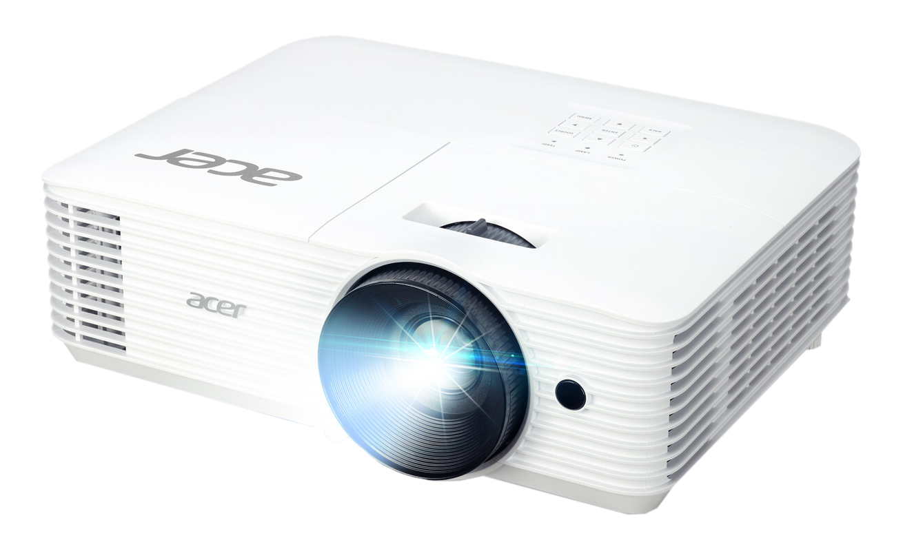 Projecteur Acer blanc avec lentille et panneau de contrôle, émettant une lumière vive.