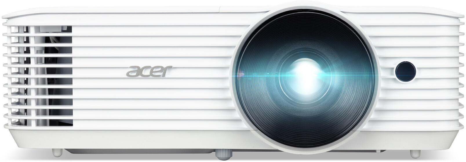 Un projecteur blanc, marque Acer. L'objectif est centré, et le projecteur est sur fond blanc.