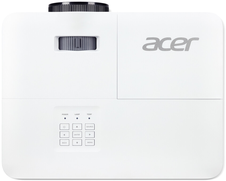 Projecteur Acer blanc avec panneau de commande et logo de la marque. L'objectif est en haut.
