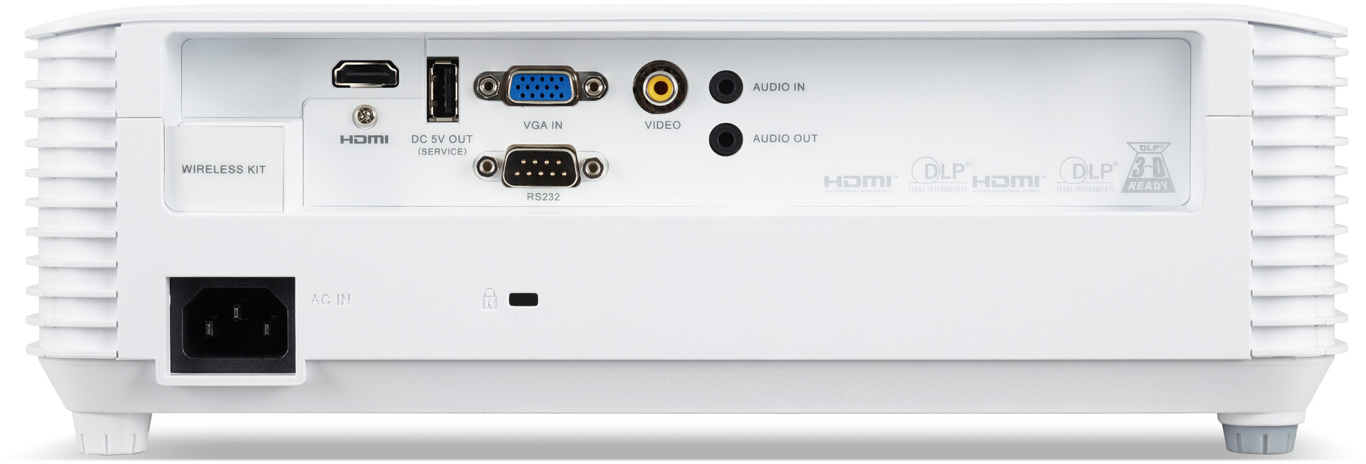 Panneau arrière blanc du projecteur avec ports d'entrée, dont HDMI, VGA et audio. Possède AC et kit sans fil.