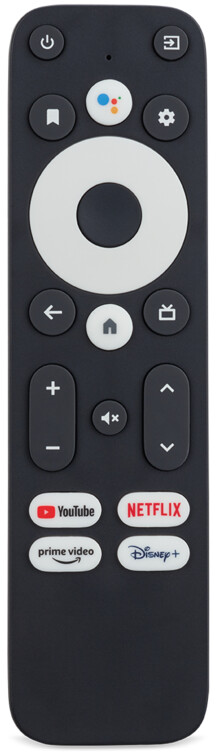 Télécommande noire avec boutons et icônes. Boutons Netflix, YouTube, Disney+.