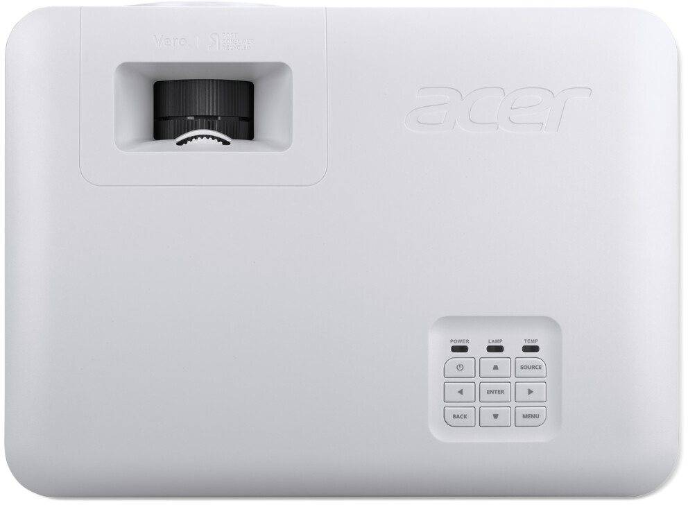 Un projecteur blanc avec des boutons, une lentille et le logo Acer en haut.