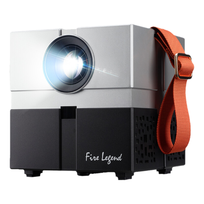 Projecteur argenté avec sangle rouge et base noire, sur fond sombre.