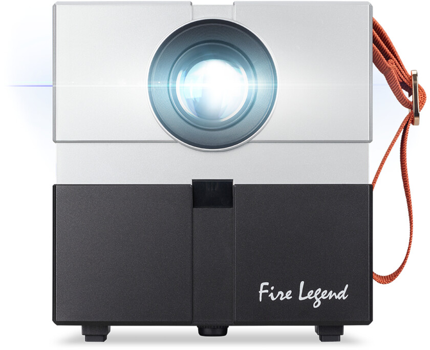 Un projecteur blanc et noir avec une lentille et une sangle orange sur fond blanc. La marque est Fire Legend.