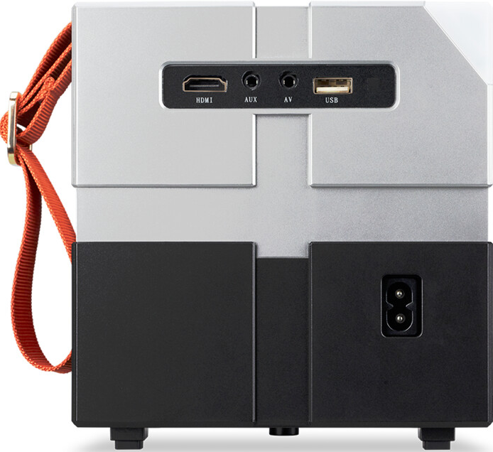 Projecteur argent et noir. Sangle de transport orange. Ports HDMI, AUX, AV, USB.