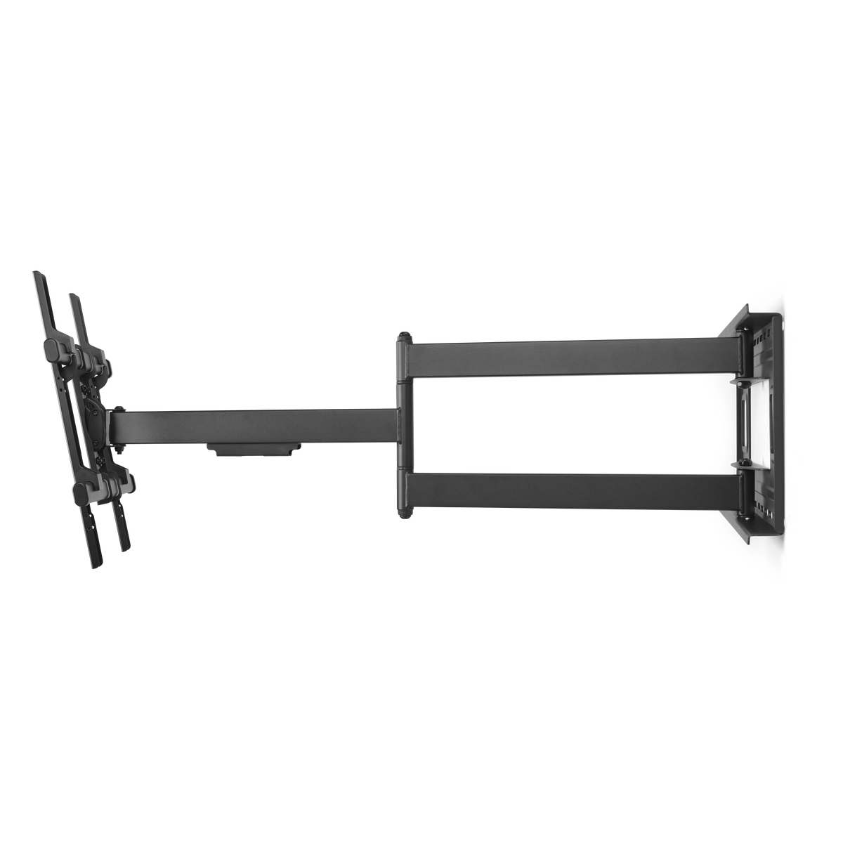 Schwarze TV-Halterung mit langem Arm und TV-Halterung auf weißem Hintergrund.