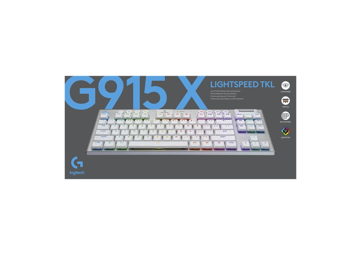 Mavi zemin üzerinde, çok renkli tuşlara sahip beyaz Logitech G915X Lightspeed TKL klavye, ürün çekimi.