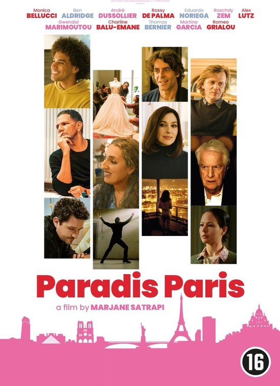 Filmposter voor Paradis Paris. Gezichten van acteurs op de achtergrond. Parijs silhouet onderaan.