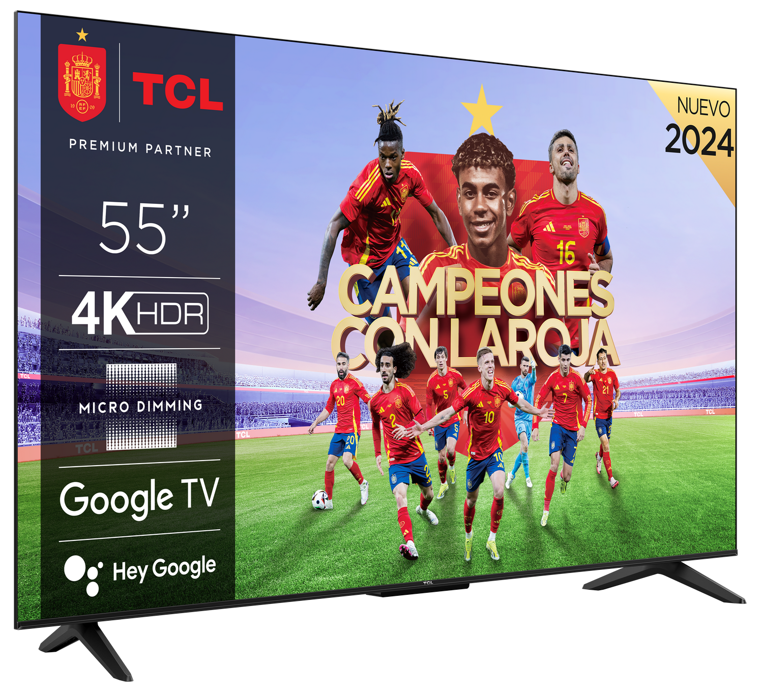 TV TCL de 55" mostrando un equipo de fútbol con el texto 'Campeones con Larroja'.