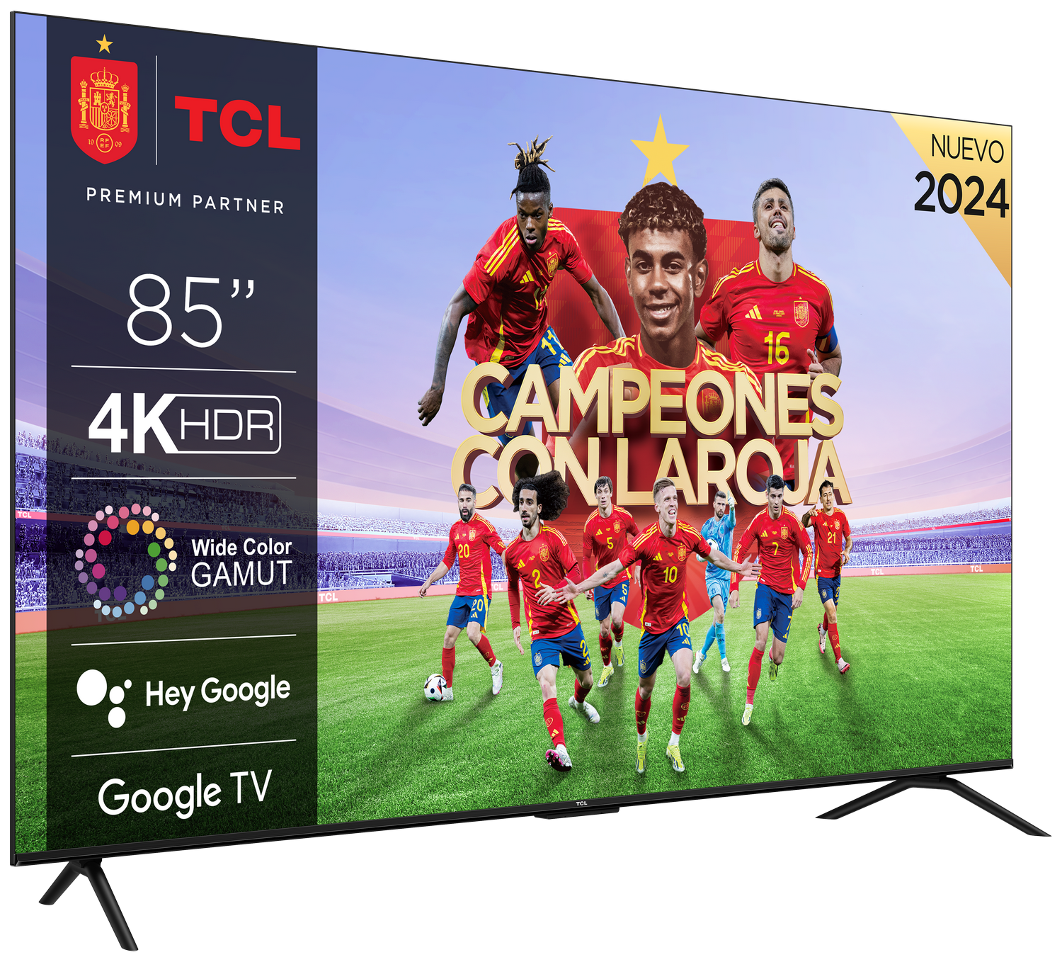 Pantalla de TV grande mostrando equipo de fútbol. El texto está en la pantalla.