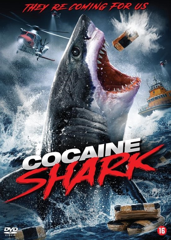Filmposter voor Cocaine Shark. Toont een haai met een open bek en drugspakketten.