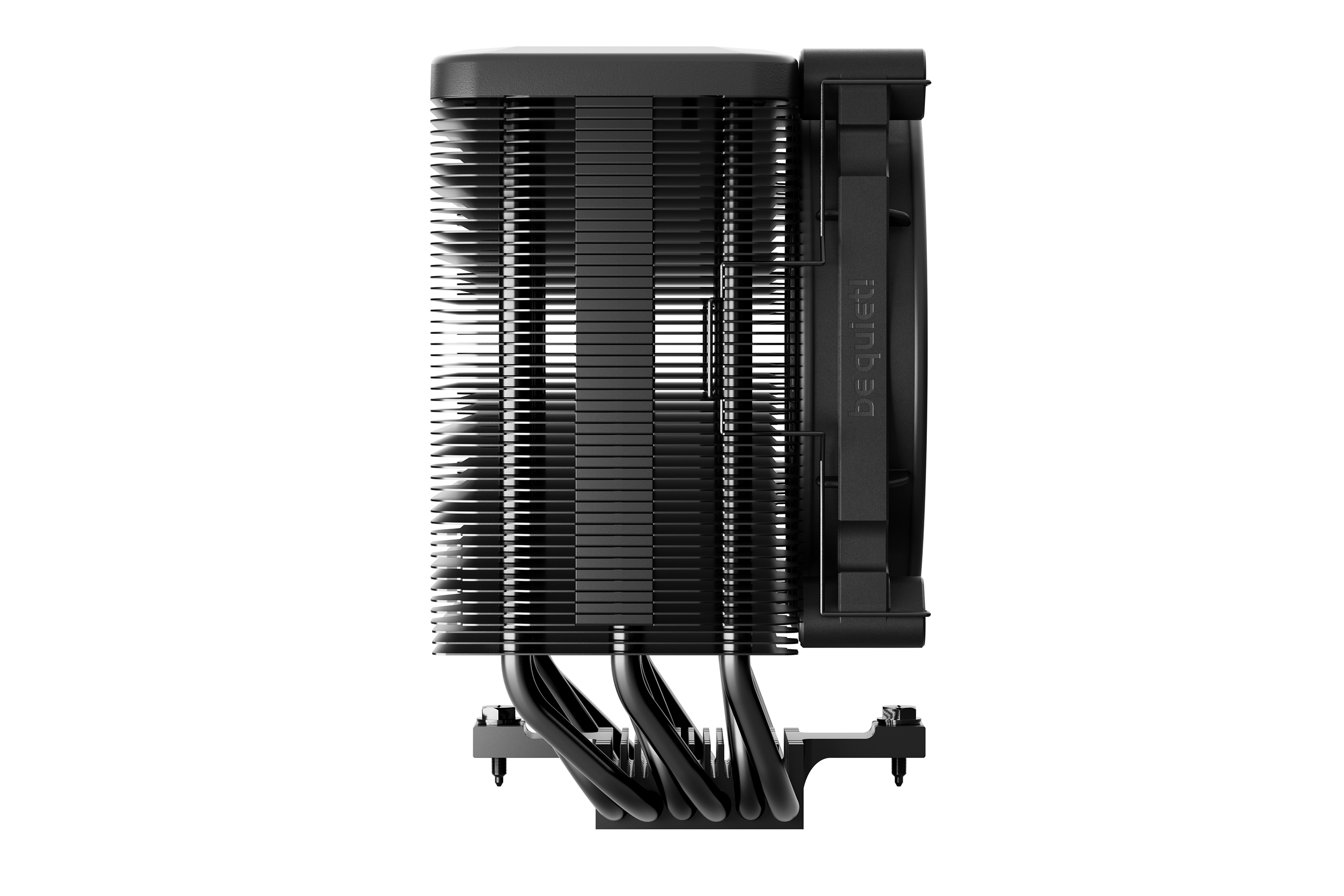 Ein schwarzer CPU-Kühler. Er hat viele Lamellen und einen Lüfter. Der Markenname 'be quiet!' ist sichtbar.