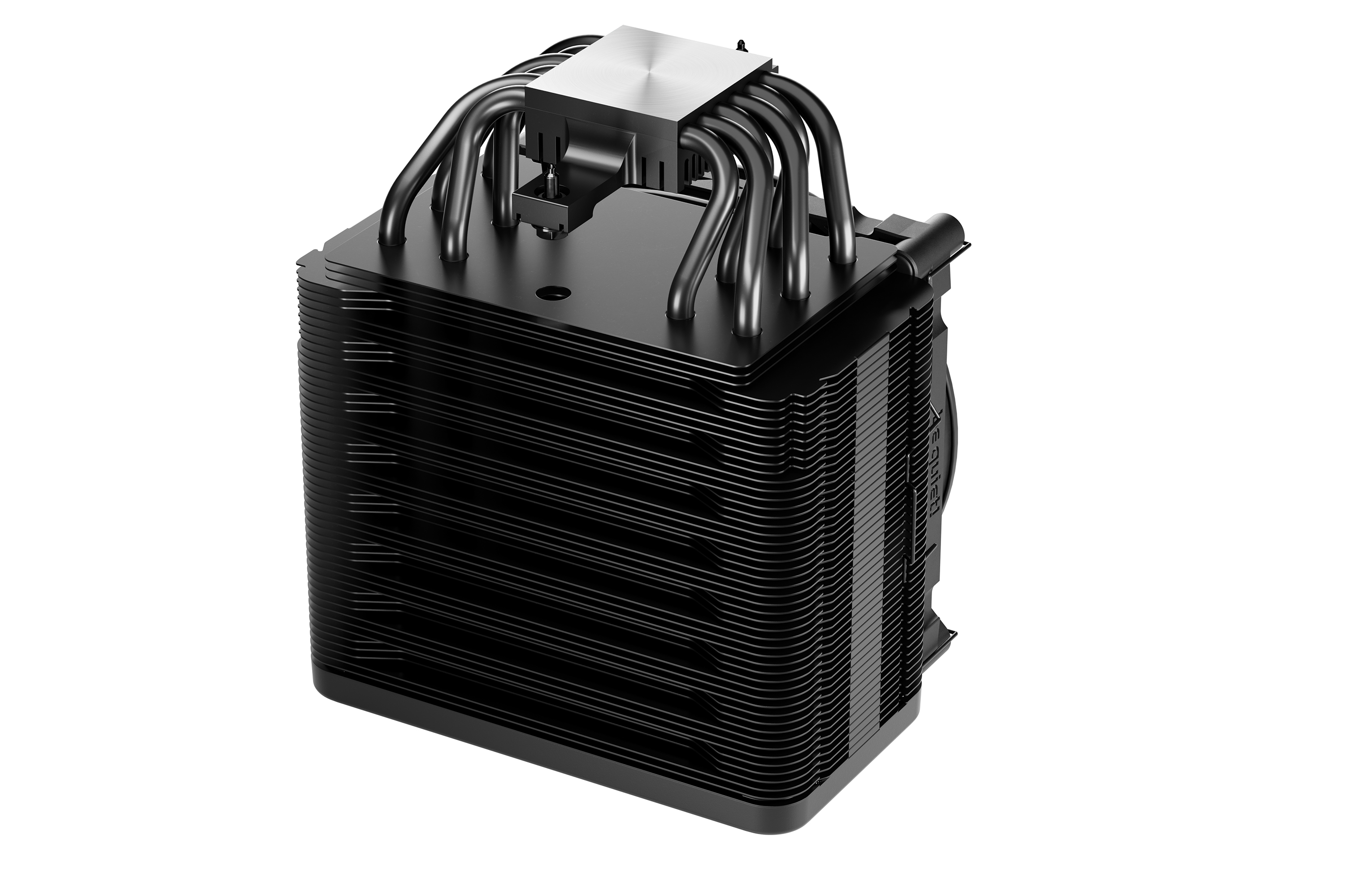 Ein schwarzer CPU-Kühler mit mehreren Lamellen und Heatpipes. Er steht vor weißem Hintergrund.