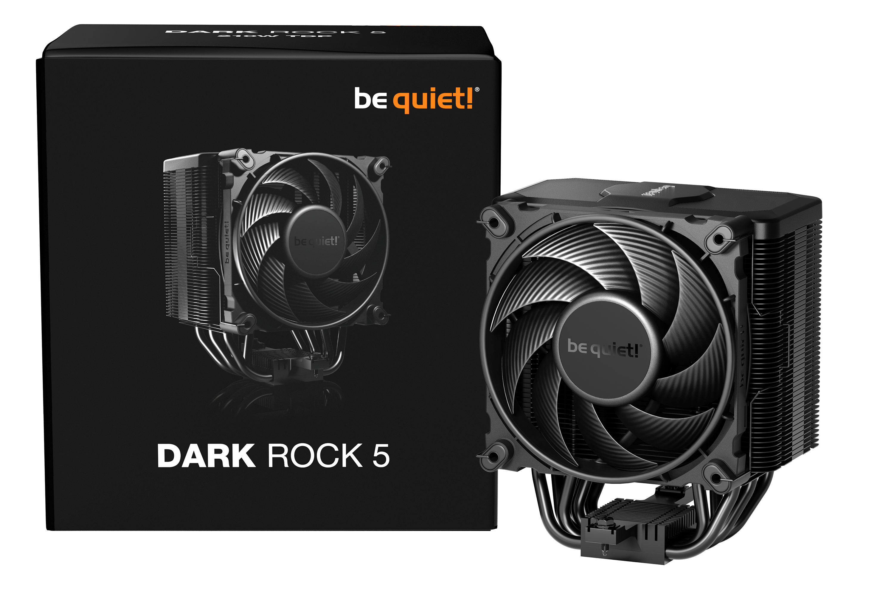 Ein schwarzer Computerlüfter und seine Box. Die Box ist schwarz mit "be quiet!" und "DARK ROCK 5".