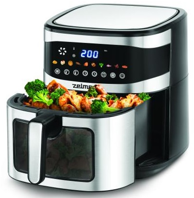 Czarna i srebrna frytownica beztłuszczowa z jedzeniem w środku i cyfrowym wyświetlaczem 200.