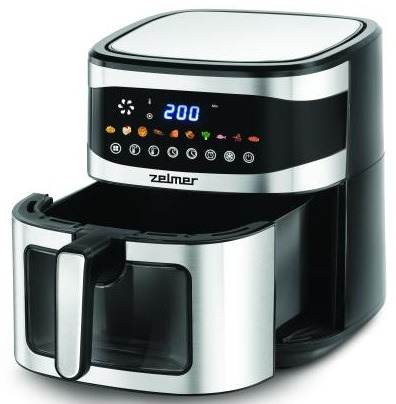 Czarna i srebrna frytkownica beztłuszczowa. Szuflada jest otwarta, widoczne wnętrze. Wyświetlacz cyfrowy.