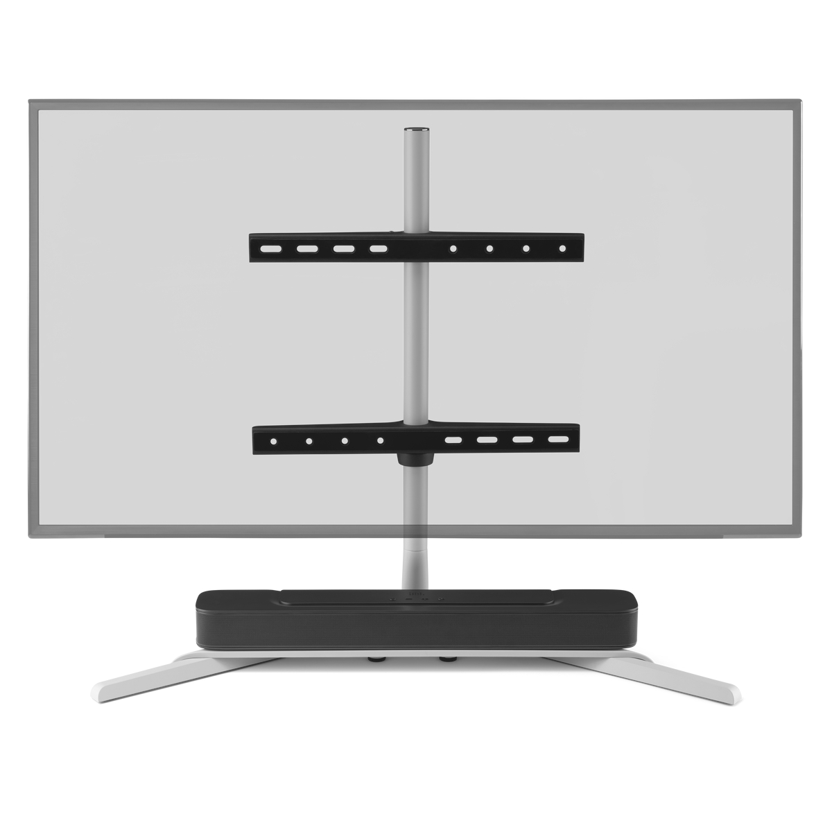 TV-Ständer mit Soundbar und Halterung für einen Fernseher. Weiße und schwarze Farbe.