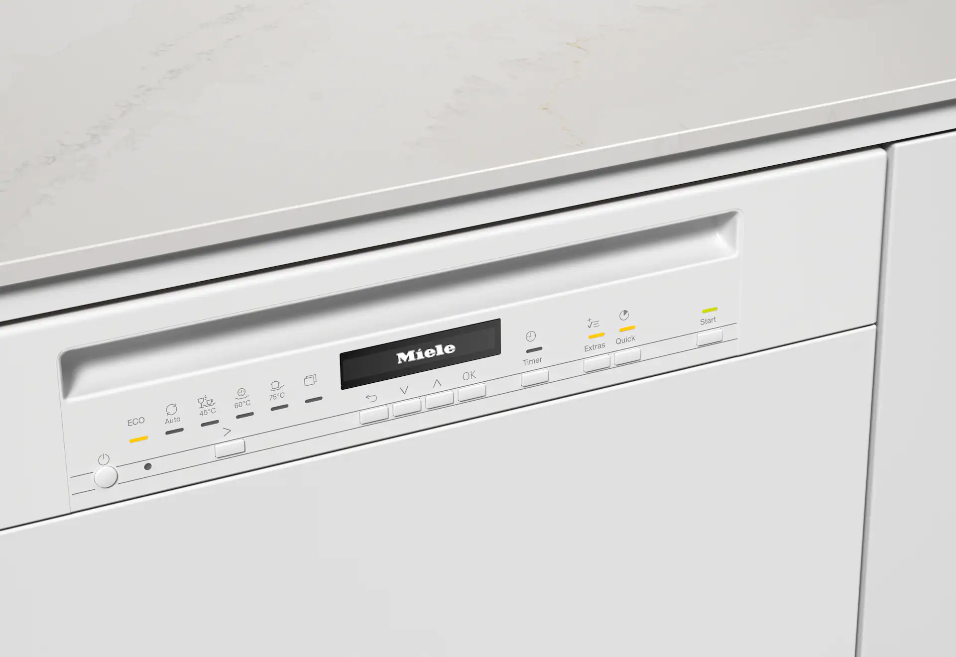 Weißes Geschirrspüler-Bedienfeld mit Miele-Logo und verschiedenen leuchtenden Funktionstasten.