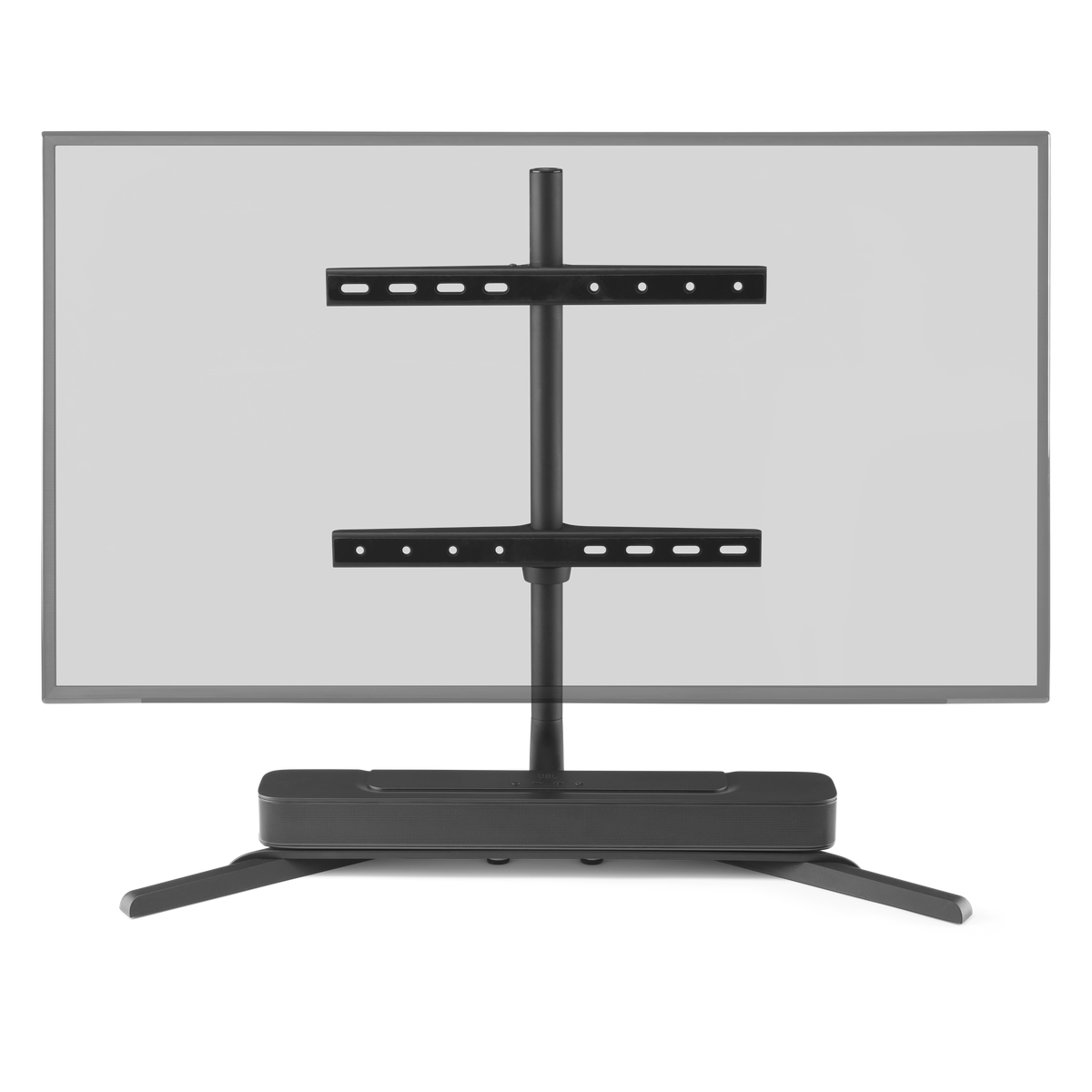 TV-Ständer mit Sockel, zentraler Stange und TV-Halterung. Der Fernseher ist ein verschwommener Umriss.