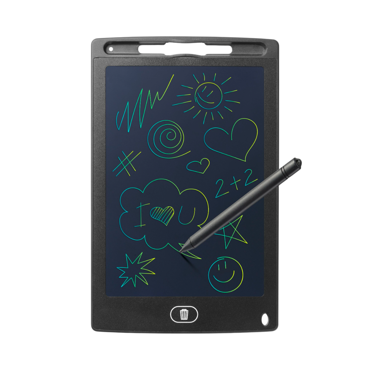 Zwarte tekentablet met een stylus. Het scherm toont diverse kleurrijke tekeningen.