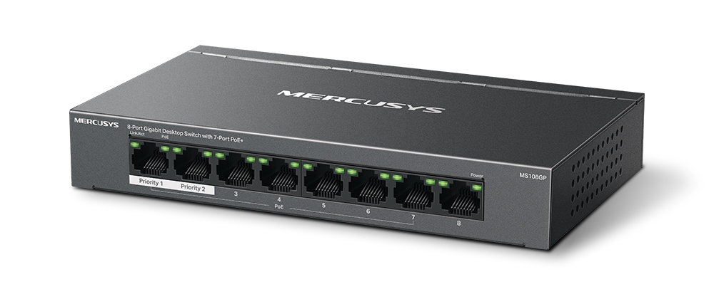 Czarny przełącznik sieciowy Mercusys. Porty widoczne z zielonymi światłami. Białe tło, widok z boku.