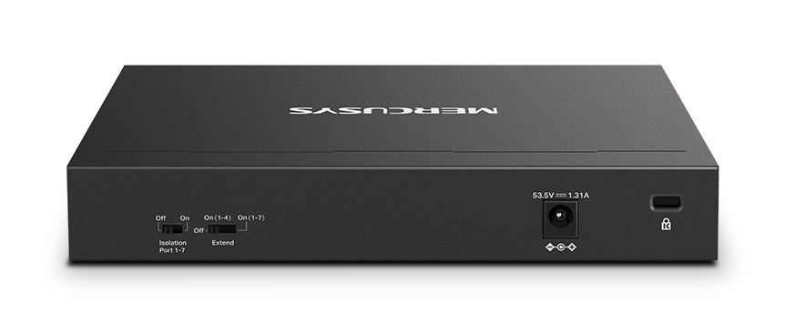 Czarny przełącznik sieciowy. Z tyłu znajdują się porty i wejście zasilania, na białej powierzchni.