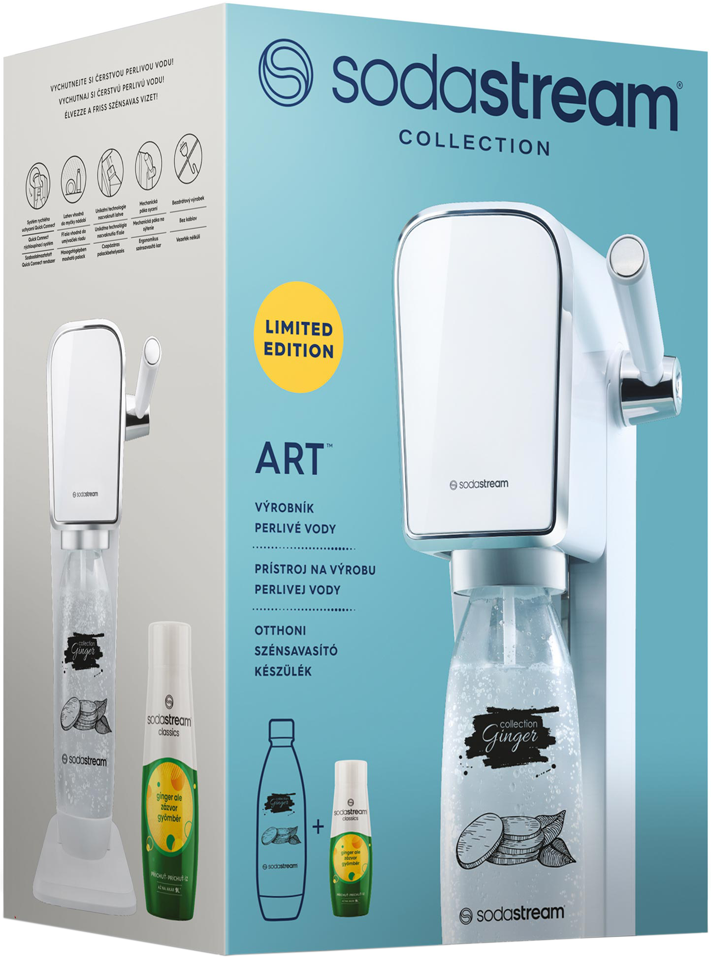 SodaStream gép és tartozékok. Fehér háttér. Szóda palack és íz.