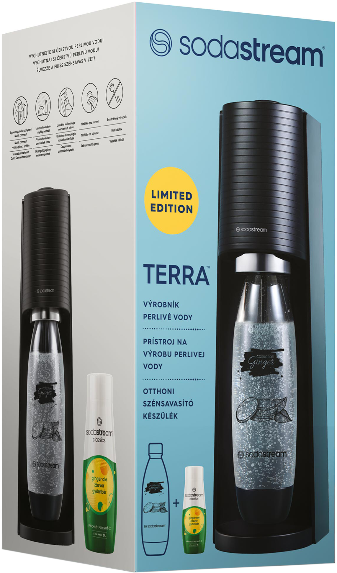SodaStream Terra gép doboza. A doboz fekete-fehér, egy szódásüveggel.