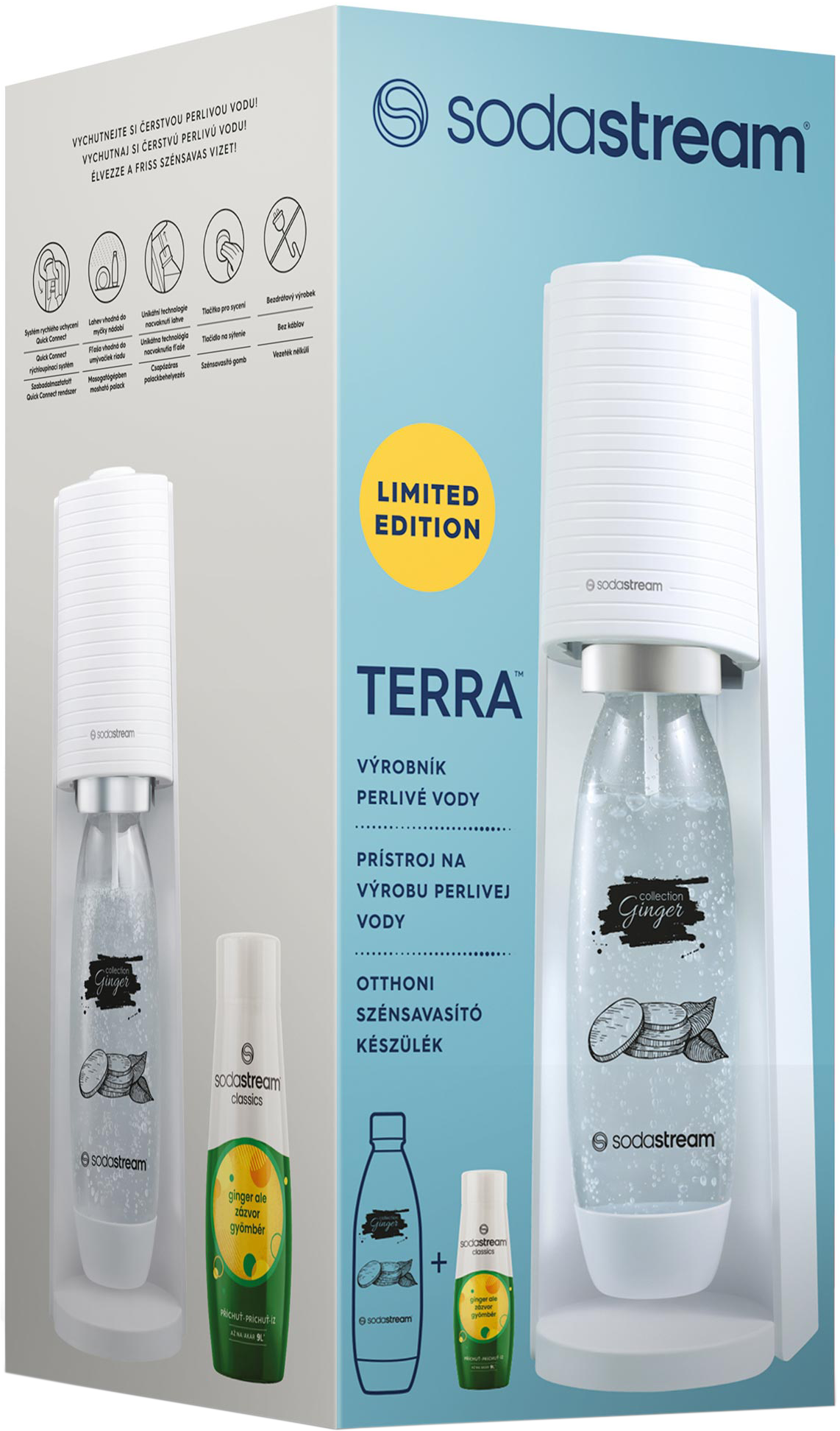 SodaStream Terra egy dobozban. Tartalmazza a palackokat, a gyömbér ízt és a gépet.