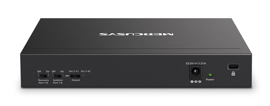 Czarny sprzęt sieciowy MERCUSYS ze wskaźnikami zasilania i portów. Urządzenie na białej powierzchni.