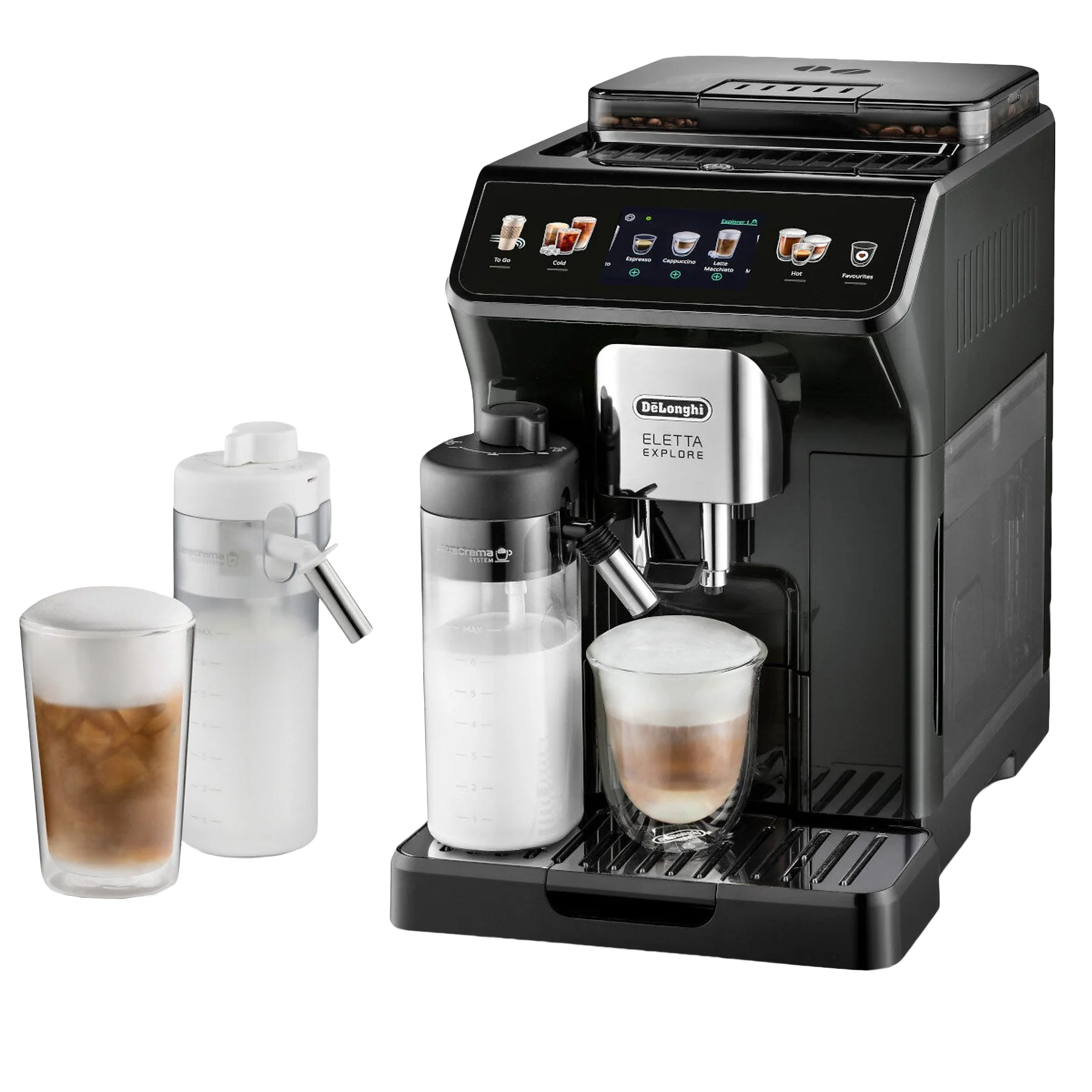 Czarno-srebrny ekspres do kawy DeLonghi Eletta Explore, z pojemnikami na mleko i filiżankami.