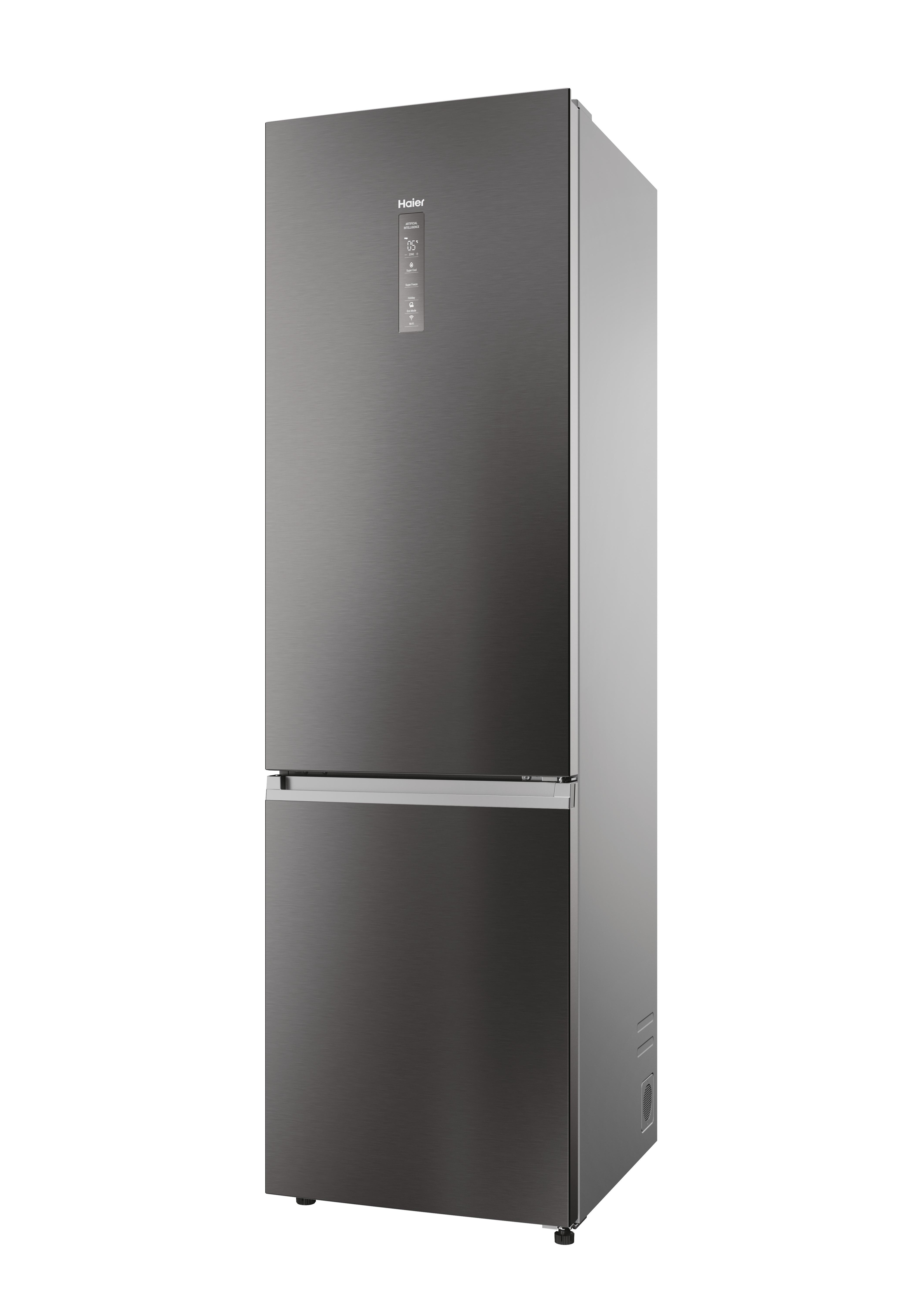 Schwarzer Haier Kühlschrank mit Gefrierfach unten.