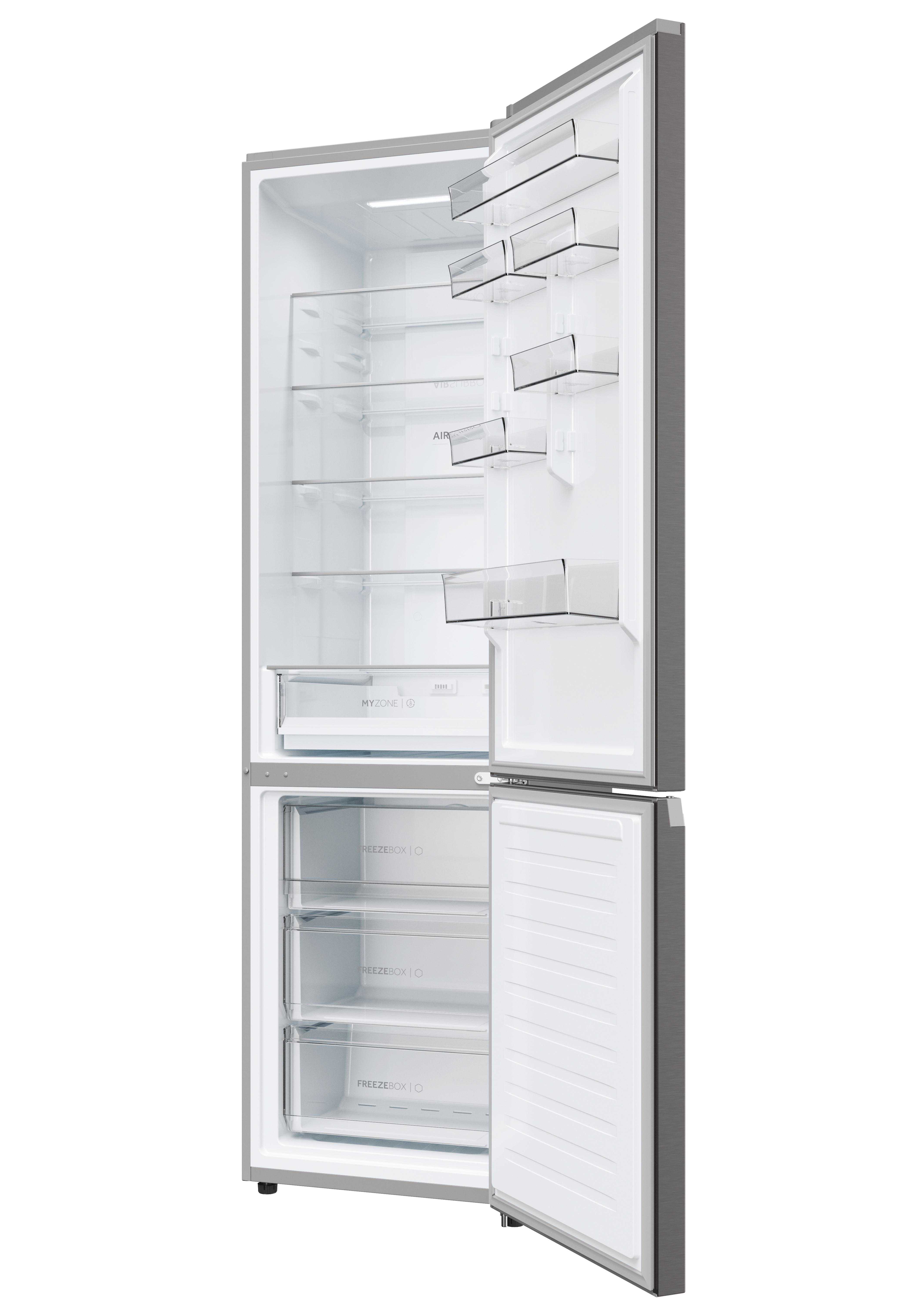Offener Kühlschrank mit Regalen, Schubladen und transparenten Behältern, silberner Rahmen.