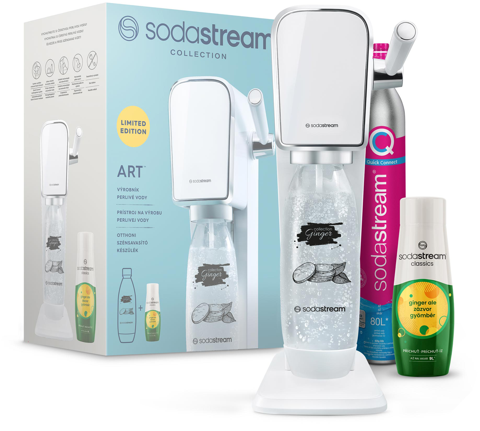 SodaStream készlet géppel, palackkal és kiegészítőkkel, fehér és kék dizájnnal.