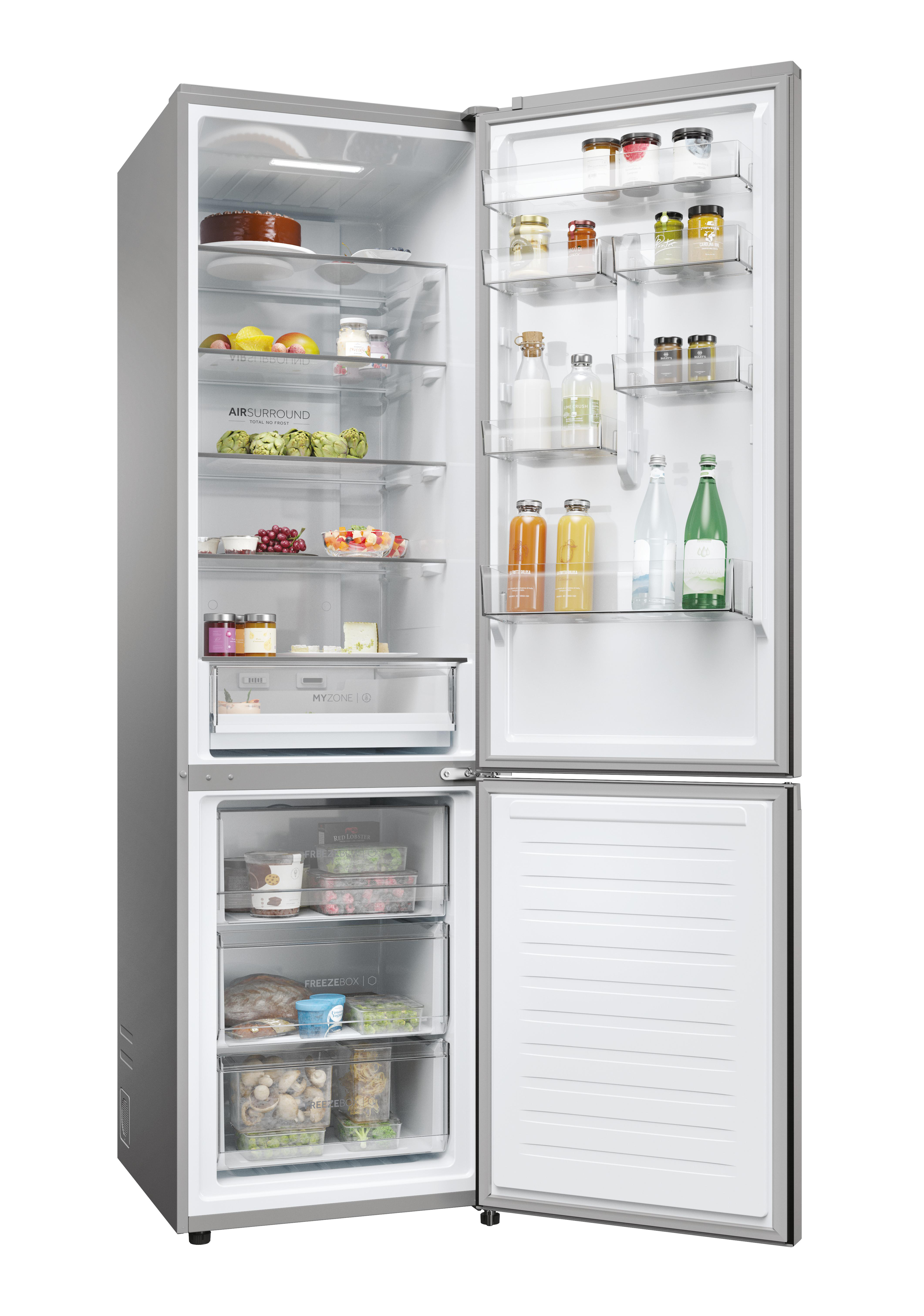 Ein Edelstahlkühlschrank mit geöffneten Türen, gefüllt mit Lebensmitteln.