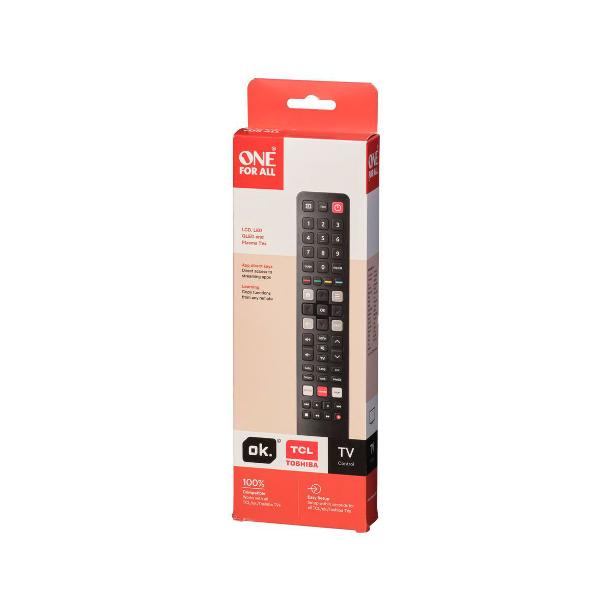 Eine Fernbedienung in einer rot-braunen Box mit Tasten für einen Fernseher.