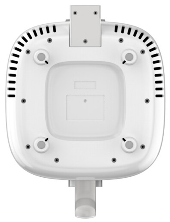Widok od spodu białego, kwadratowego urządzenia. Zawiera kilka otworów, śrub i centralny prostokątny obszar.