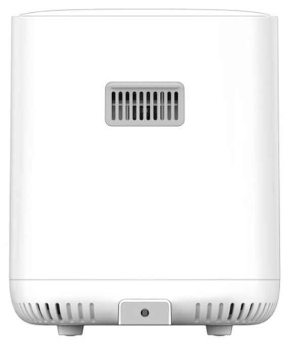 Biały oczyszczacz powietrza z otworem wentylacyjnym u góry i portem zasilania u dołu.